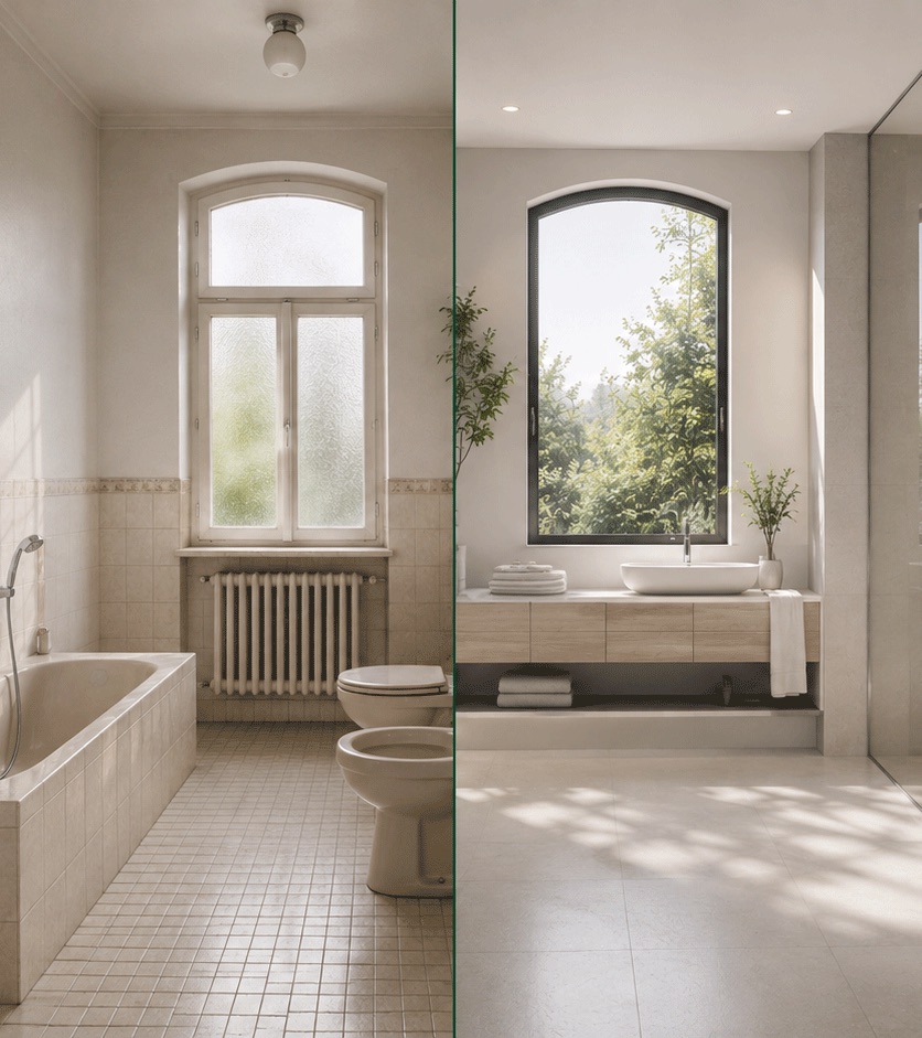 Bad vor der Modernisierung: gefliestes Bad mit eingebauter Wanne, Heizkörper und WC