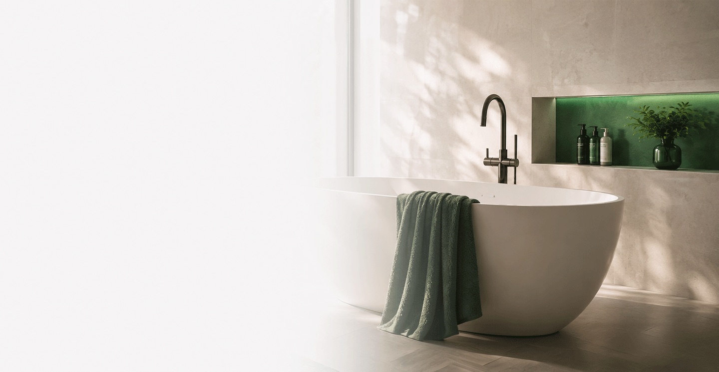 Freistehende Badewanne mit grünem Handtuch vor einer Wandnische mit Pflanzen und Pflegeprodukten
